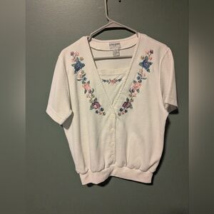 Alfred Dunner White Petites Knit Top With Floral Embroidery